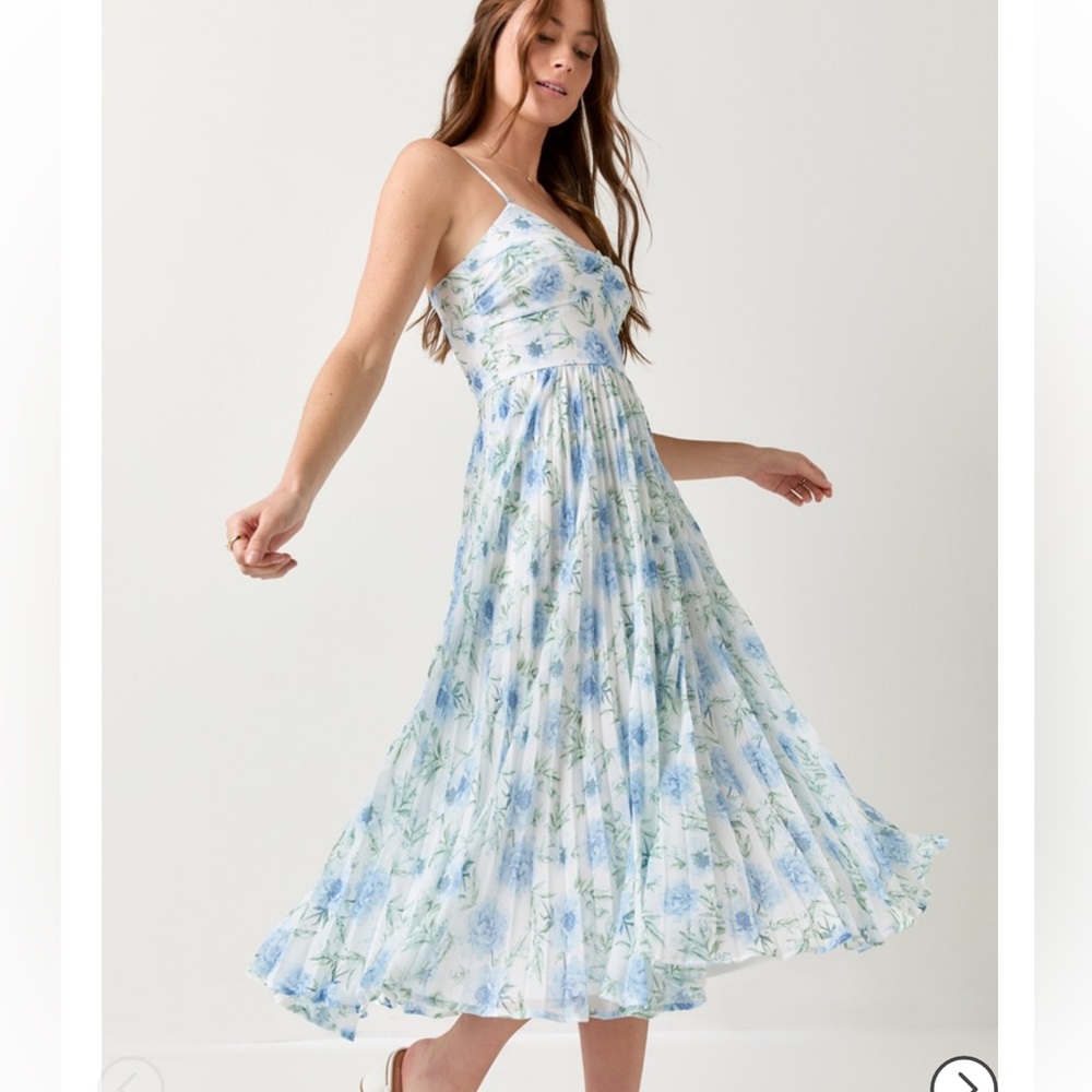 Bonnie Pleated Floral Blue Midi Dress Audrey Parks Francesca's L Cottagecore